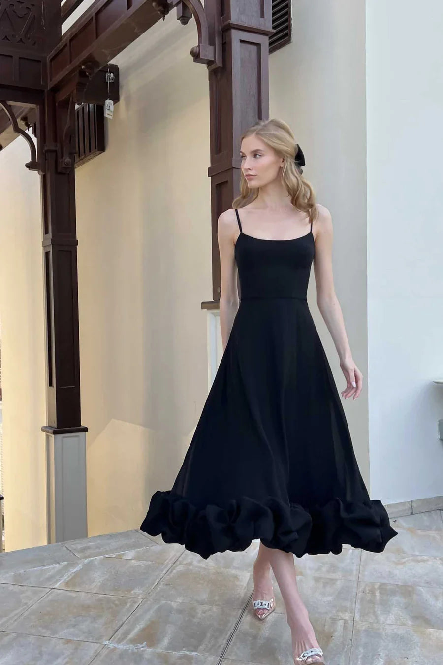 A-line Black Midi Dress-dresses > midi dress-Laventaire-Laventaire