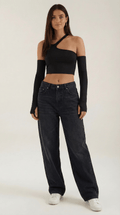 Asymmetric Black Crop Top-tops > crop tops-Laventaire-Laventaire