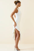 Asymmetric Evening White Midi Dress-dresses > evening dress-Laventaire-Laventaire