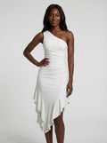 Asymmetric Evening White Midi Dress-dresses > evening dress-Laventaire-Laventaire