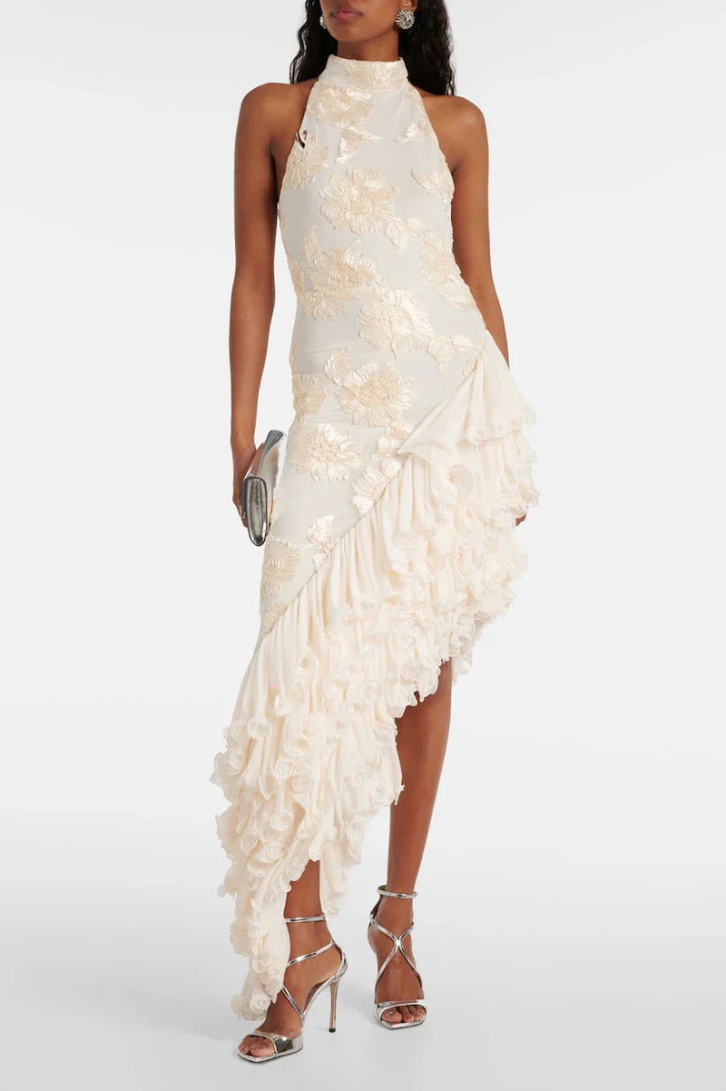 Asymmetric White Floral Maxi Dress-dresses > maxi dress-Laventaire-Laventaire