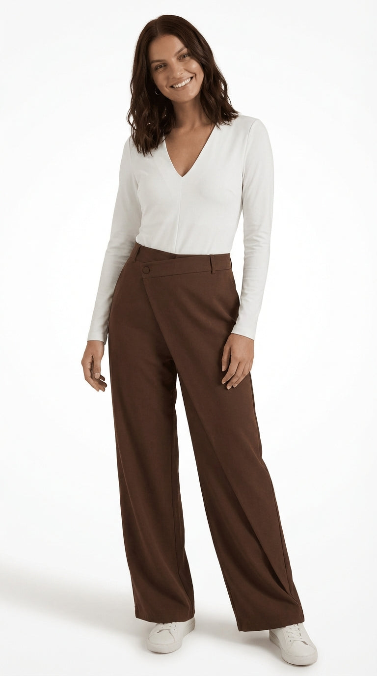 Asymmetrical Wide Leg Trousers-trousers > wide leg trousers-Laventaire-Dark Brown-S-Laventaire