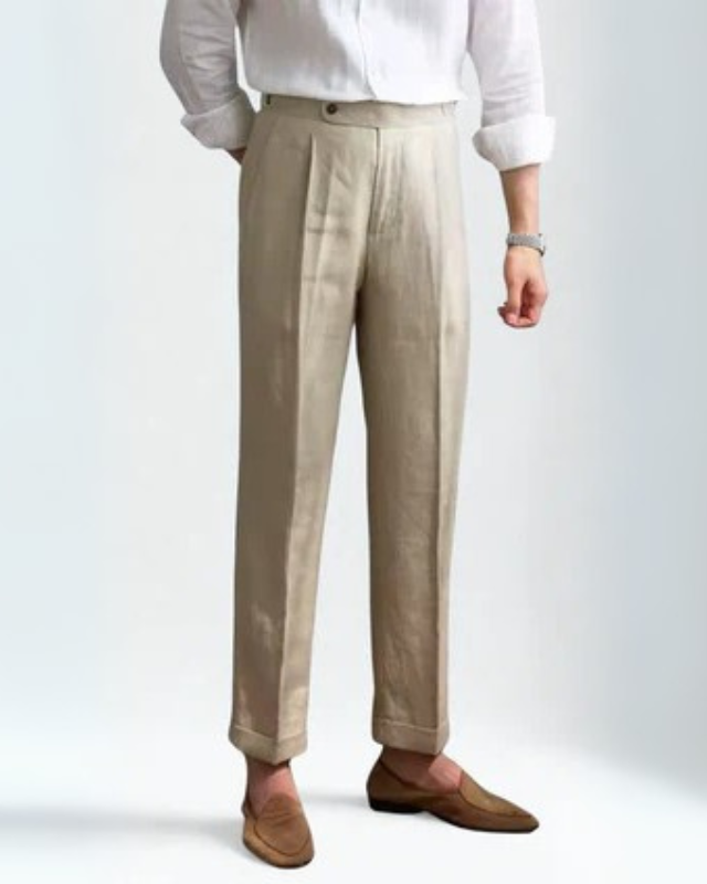 Beige Pleated Trousers-trousers > casual trousers-Laventaire-Laventaire