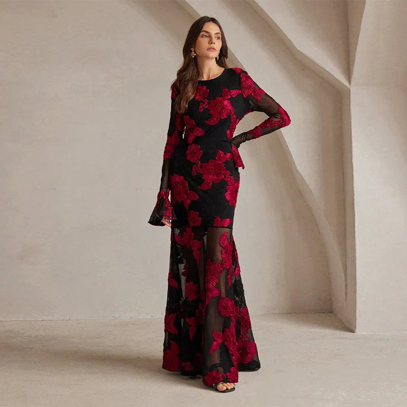 Black Floral Fitted Maxi Dress-dresses > maxi dress-Laventaire-Laventaire