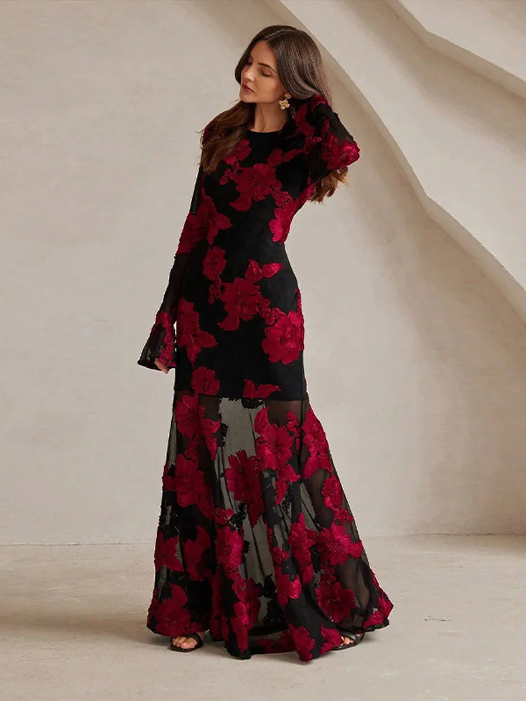 Black Floral Fitted Maxi Dress-dresses > maxi dress-Laventaire-Laventaire