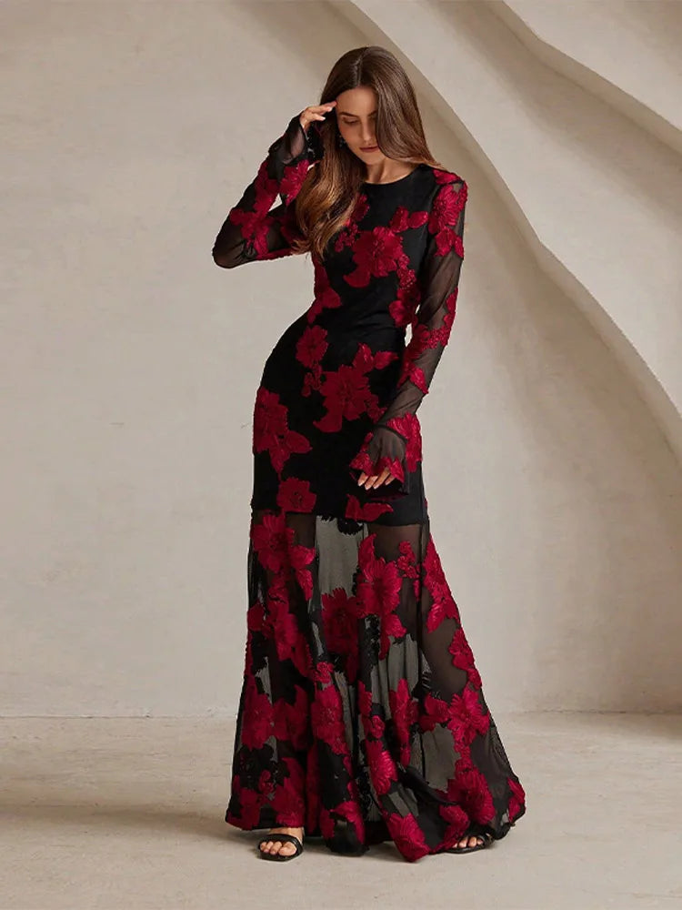Black Floral Fitted Maxi Dress-dresses > maxi dress-Laventaire-Laventaire