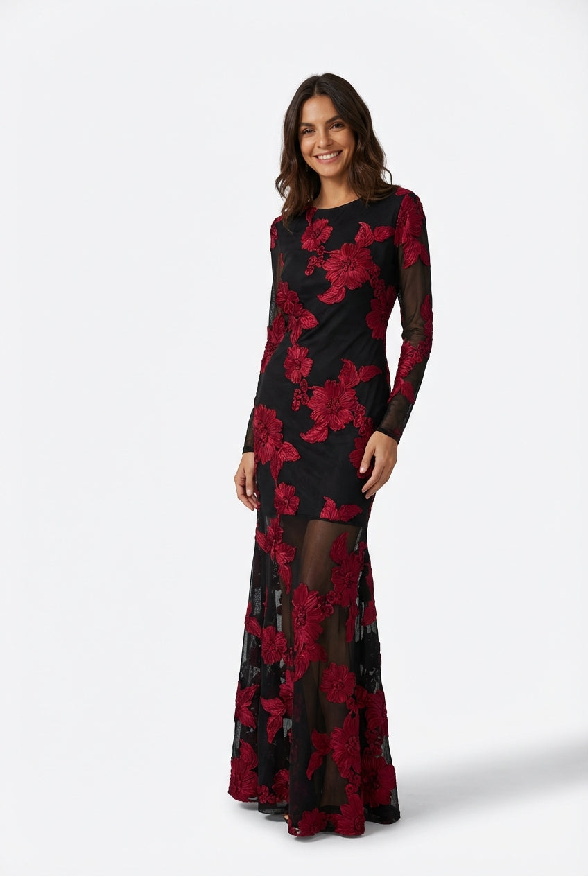 Black Floral Fitted Maxi Dress-dresses > maxi dress-Laventaire-Black-XS-Laventaire