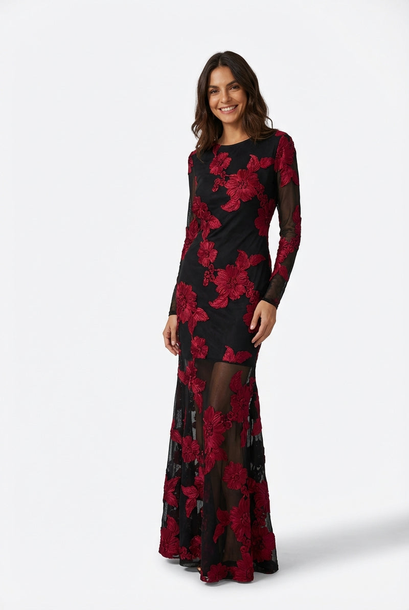 Black Floral Fitted Maxi Dress-dresses > maxi dress-Laventaire-Black-XS-Laventaire