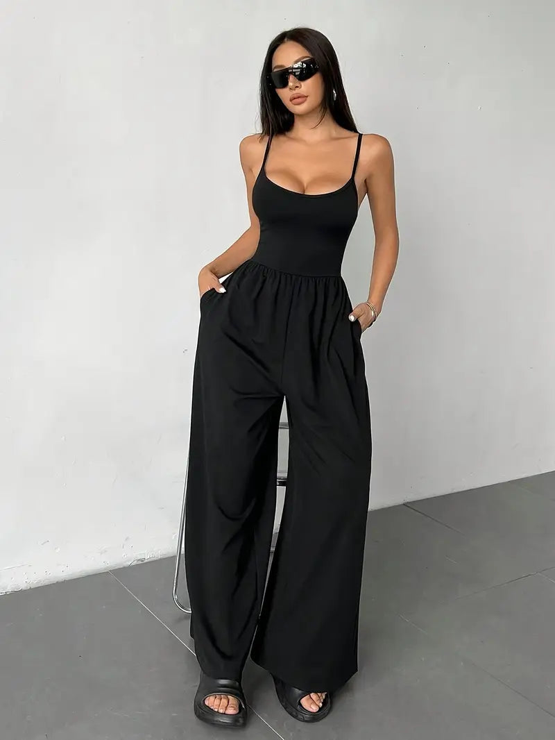 Black Wide Leg Jumpsuit-jumpsuits > wide leg jumpsuit-Laventaire-Laventaire
