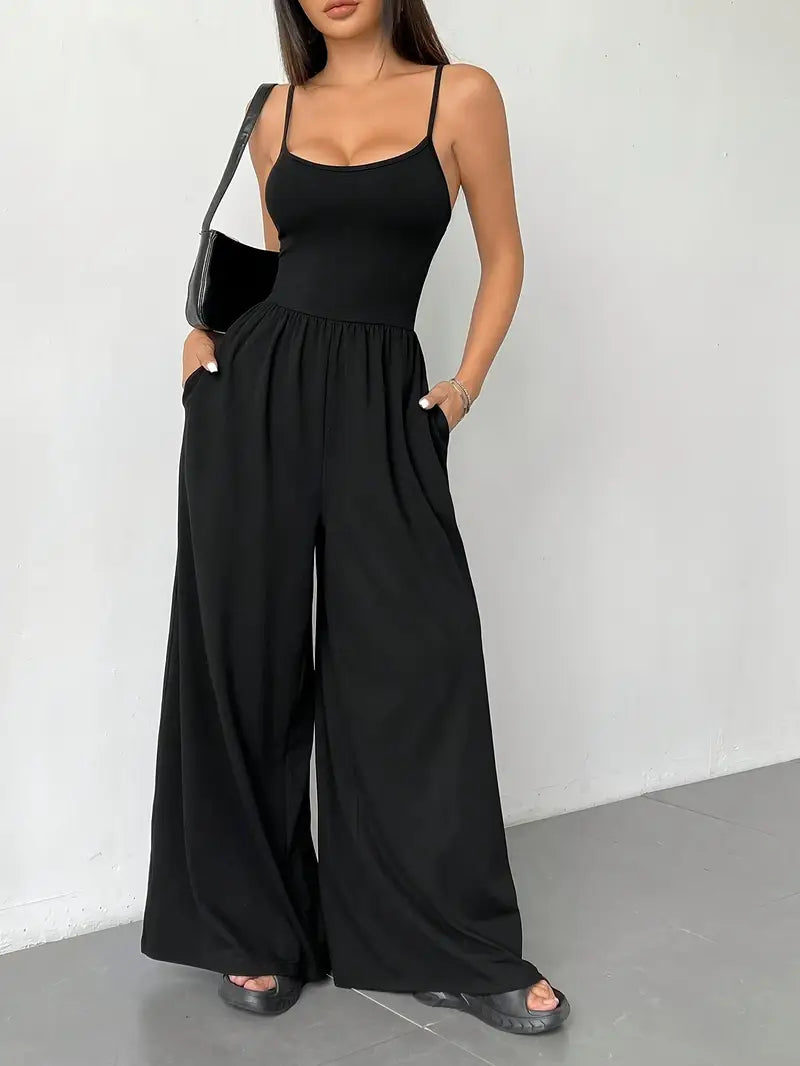 Black Wide Leg Jumpsuit-jumpsuits > wide leg jumpsuit-Laventaire-Laventaire
