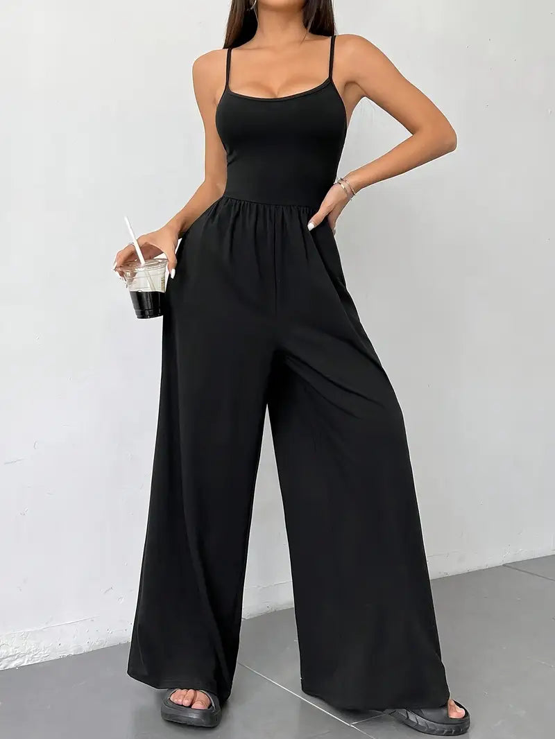 Black Wide Leg Jumpsuit-jumpsuits > wide leg jumpsuit-Laventaire-Laventaire