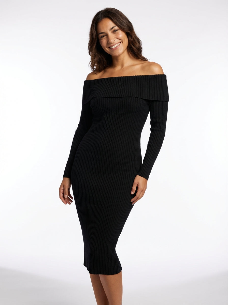 Bodycon Ribbed Knit Midi Dress-dresses > midi dress > bodycon dress-Laventaire-Black-S-Laventaire