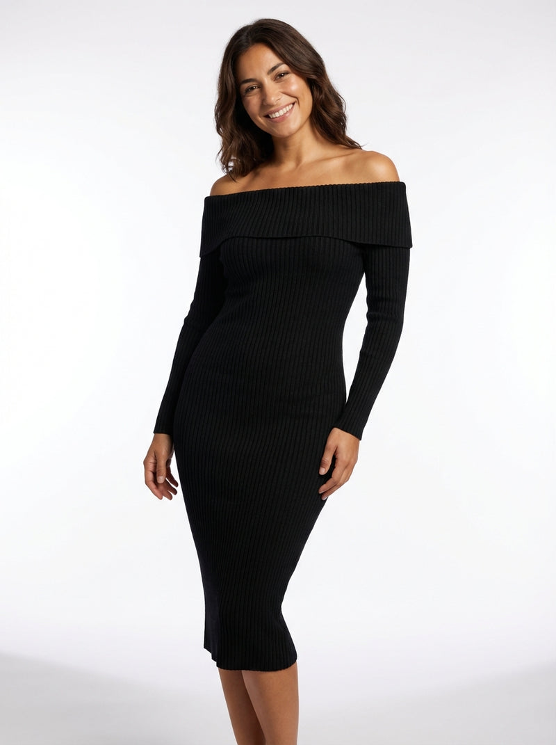 Bodycon Ribbed Knit Midi Dress-dresses > midi dress > bodycon dress-Laventaire-Black-S-Laventaire