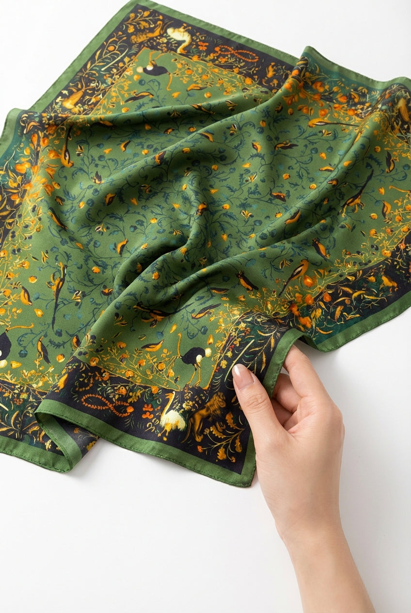 Botanical Bird Print Scarf-accessories > scarves-Laventaire-Green-One size-Laventaire