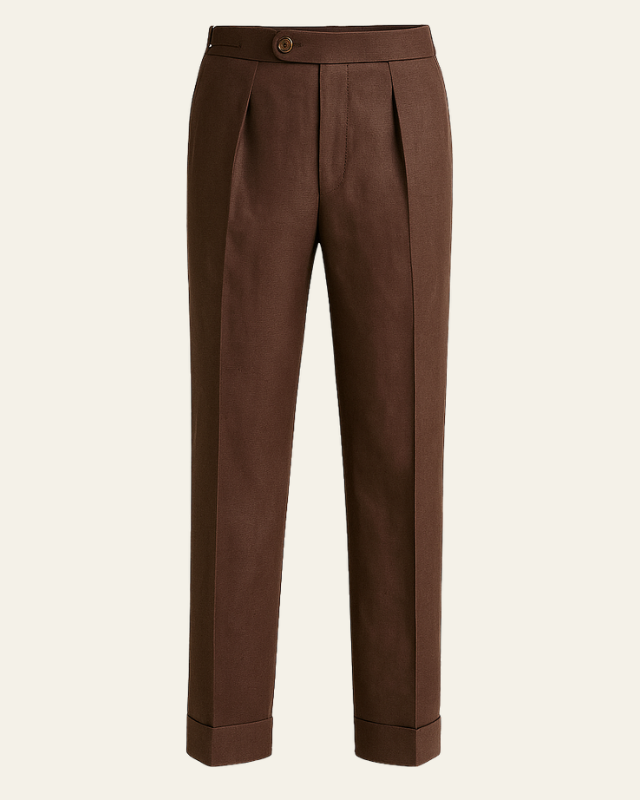 Brown Pleated Slim Trousers-trousers > pleated trousers-Laventaire-Laventaire