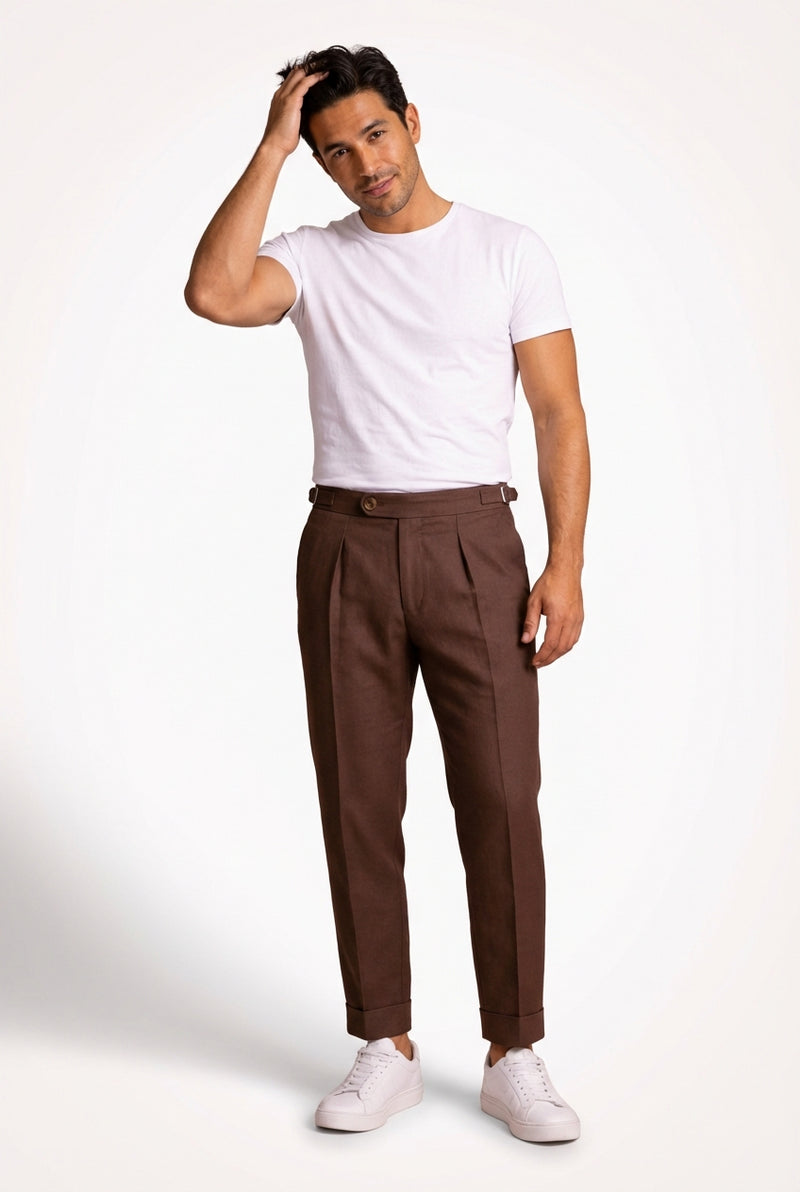 Brown Pleated Slim Trousers-trousers > pleated trousers-Laventaire-Brown-S-Laventaire