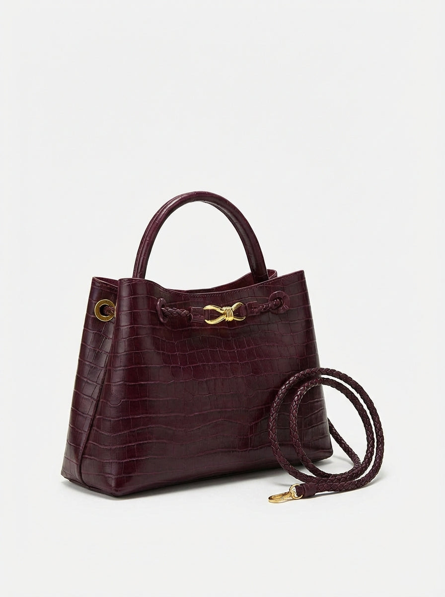Burgundy Croc Handbag-handbags > shoulder bags-Laventaire-Burgundy-One Size-Laventaire