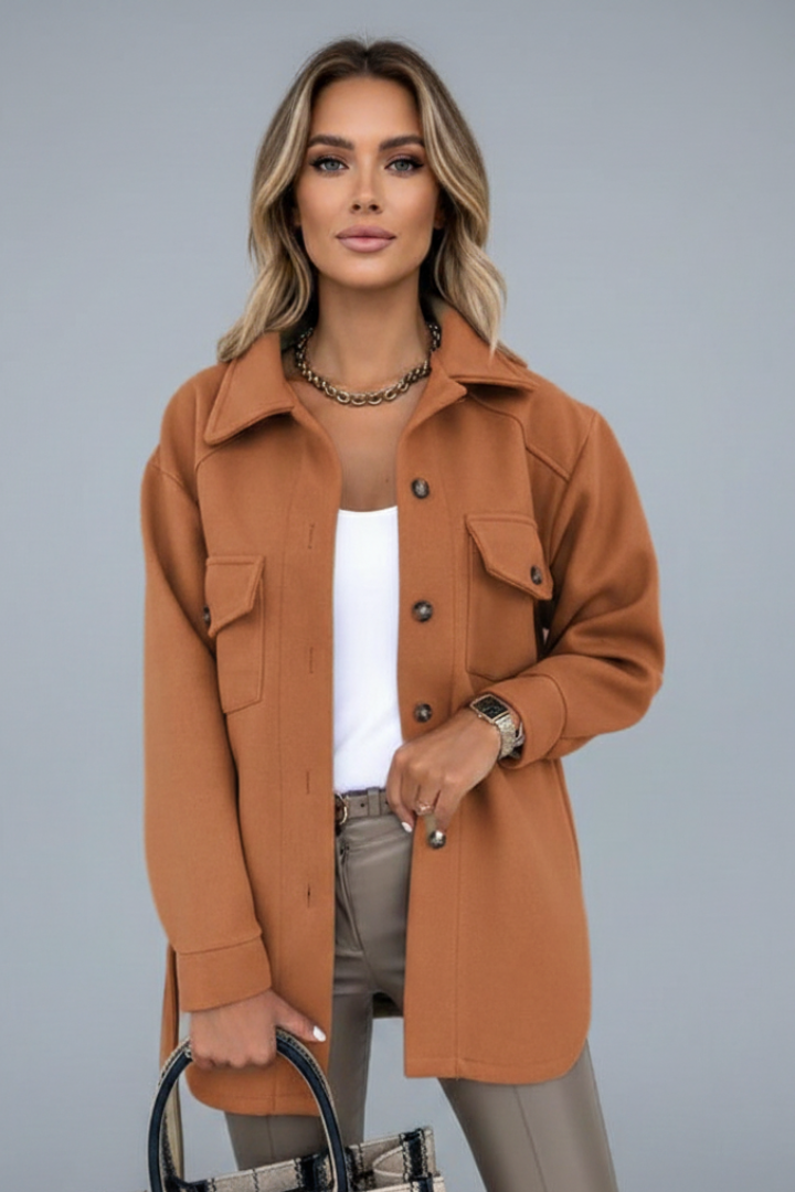 Button Front Long Sleeve Jacket-jackets > long sleeve jacket-Laventaire-Caramel-S-Laventaire