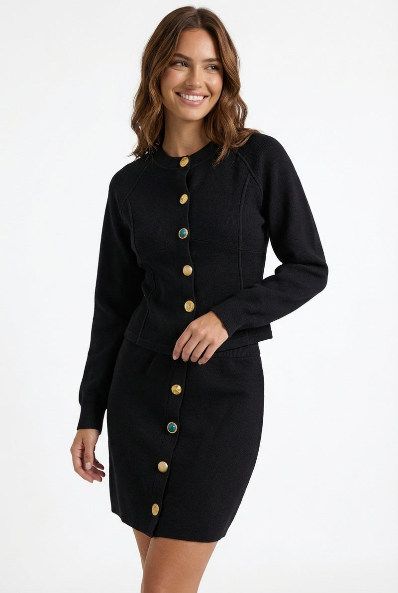 Cardigan Skirt Outfit Set-sets > cardigan skirt set-Laventaire-Black-S-Laventaire