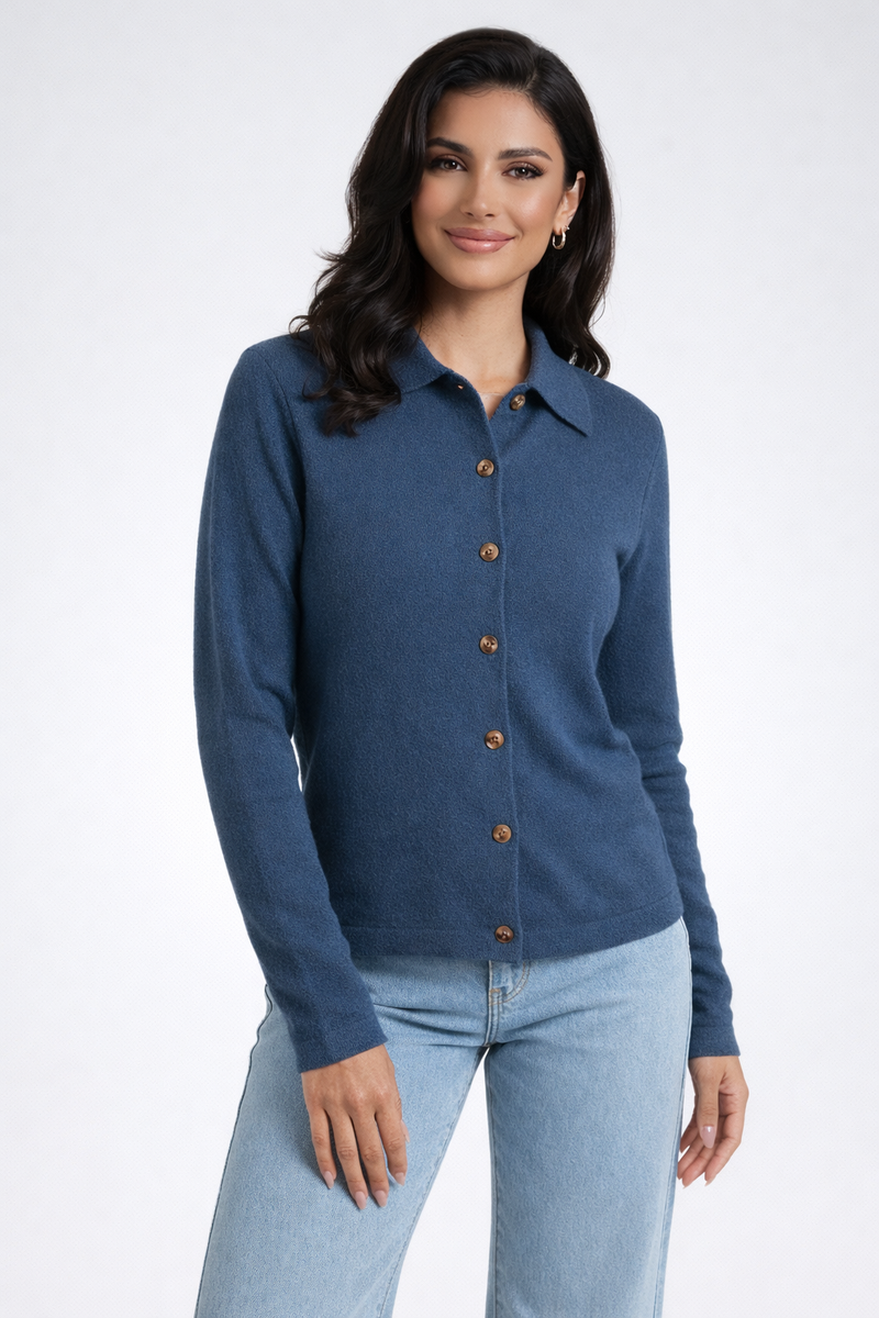 Cardigan Top With Collar-sweaters > cardigan-Laventaire-Navy Blue-S-Laventaire