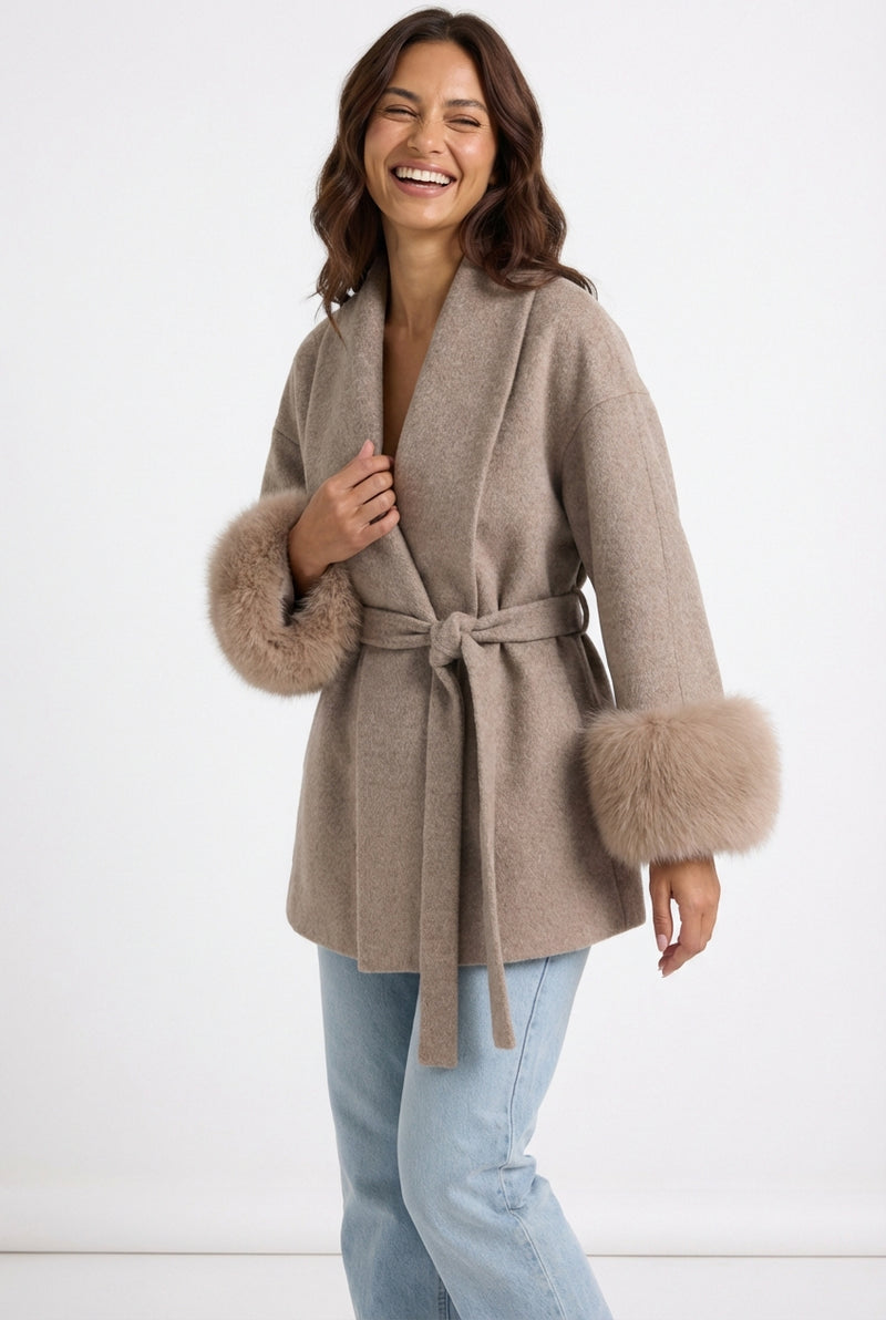 Casual Belted Coat-coats > winter coats > belted winter coats-Laventaire-Light Taupe-S-Laventaire