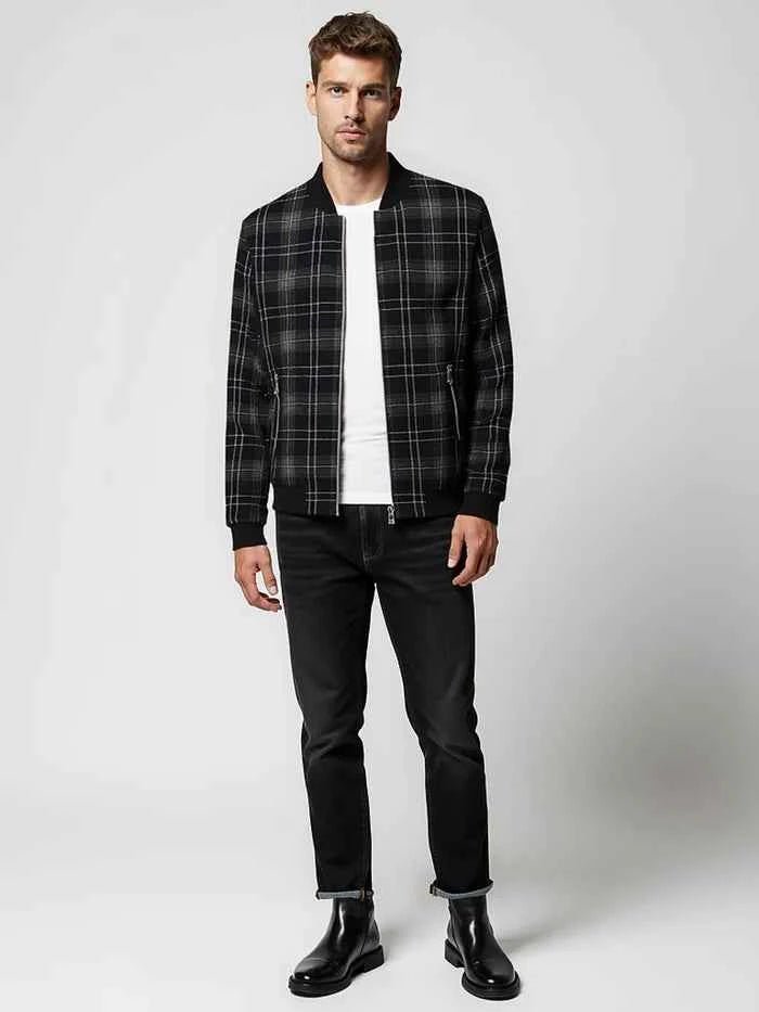 Casual Checkered Bomber Jacket-jackets > bomber jacket-Laventaire-Black-S-Laventaire