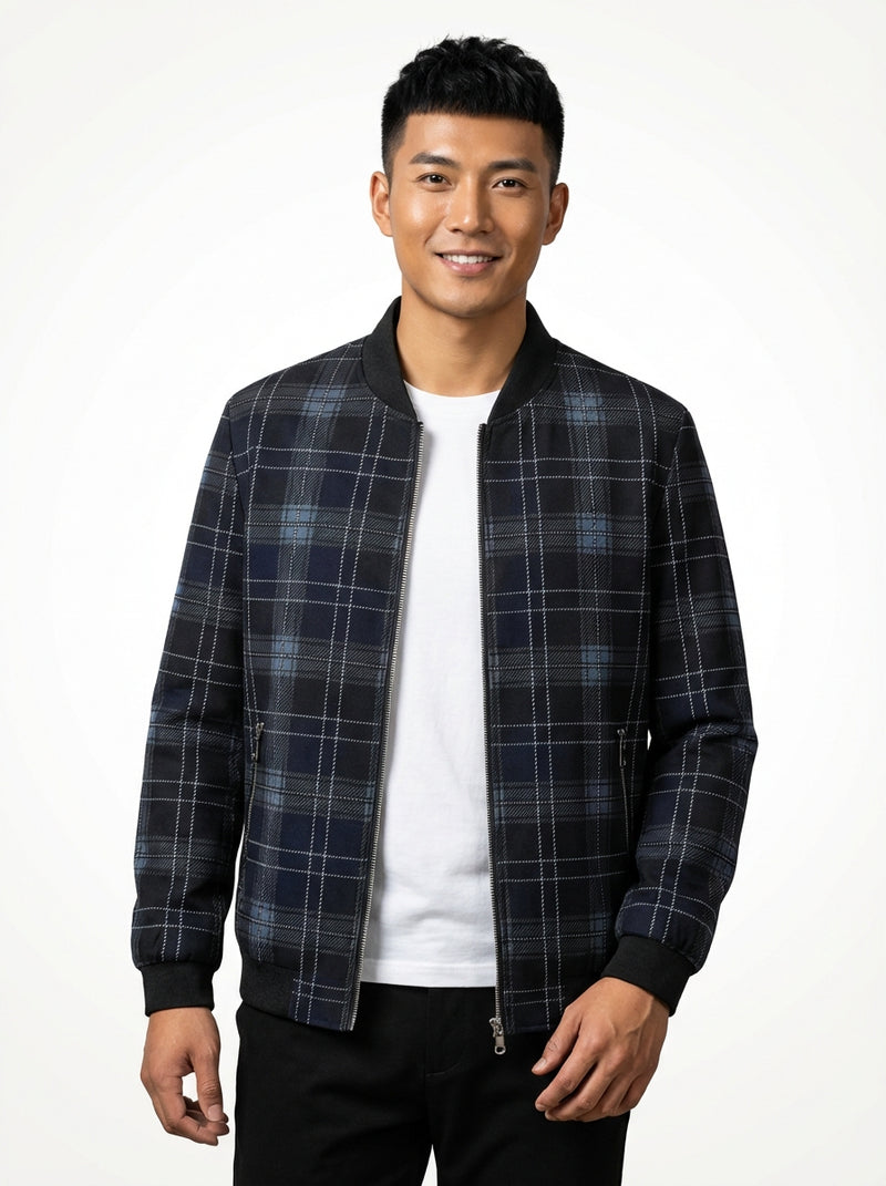 Casual Checkered Bomber Jacket-jackets > bomber jacket-Laventaire-Navy Blue-S-Laventaire