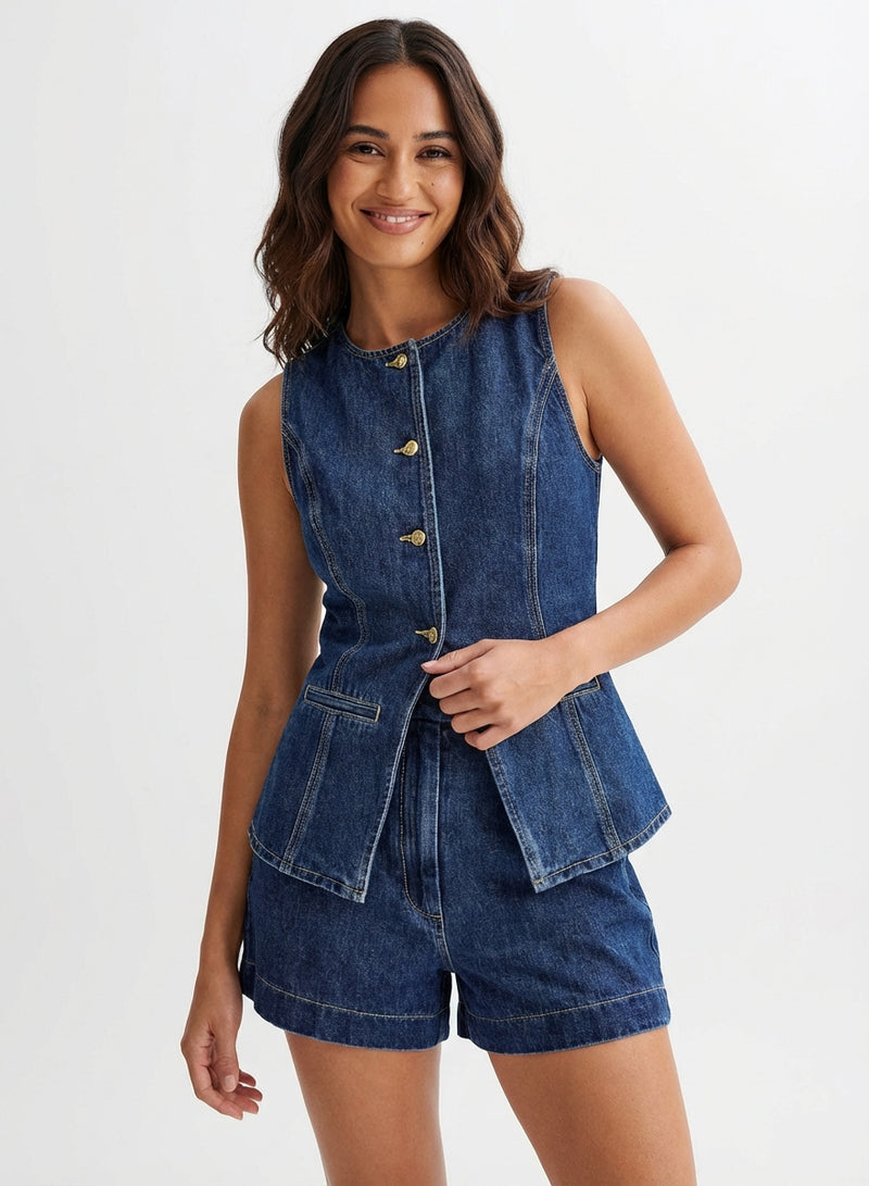 Casual Denim Two-Piece Set-sets > two piece set-Laventaire-Dark Denim-S-Laventaire