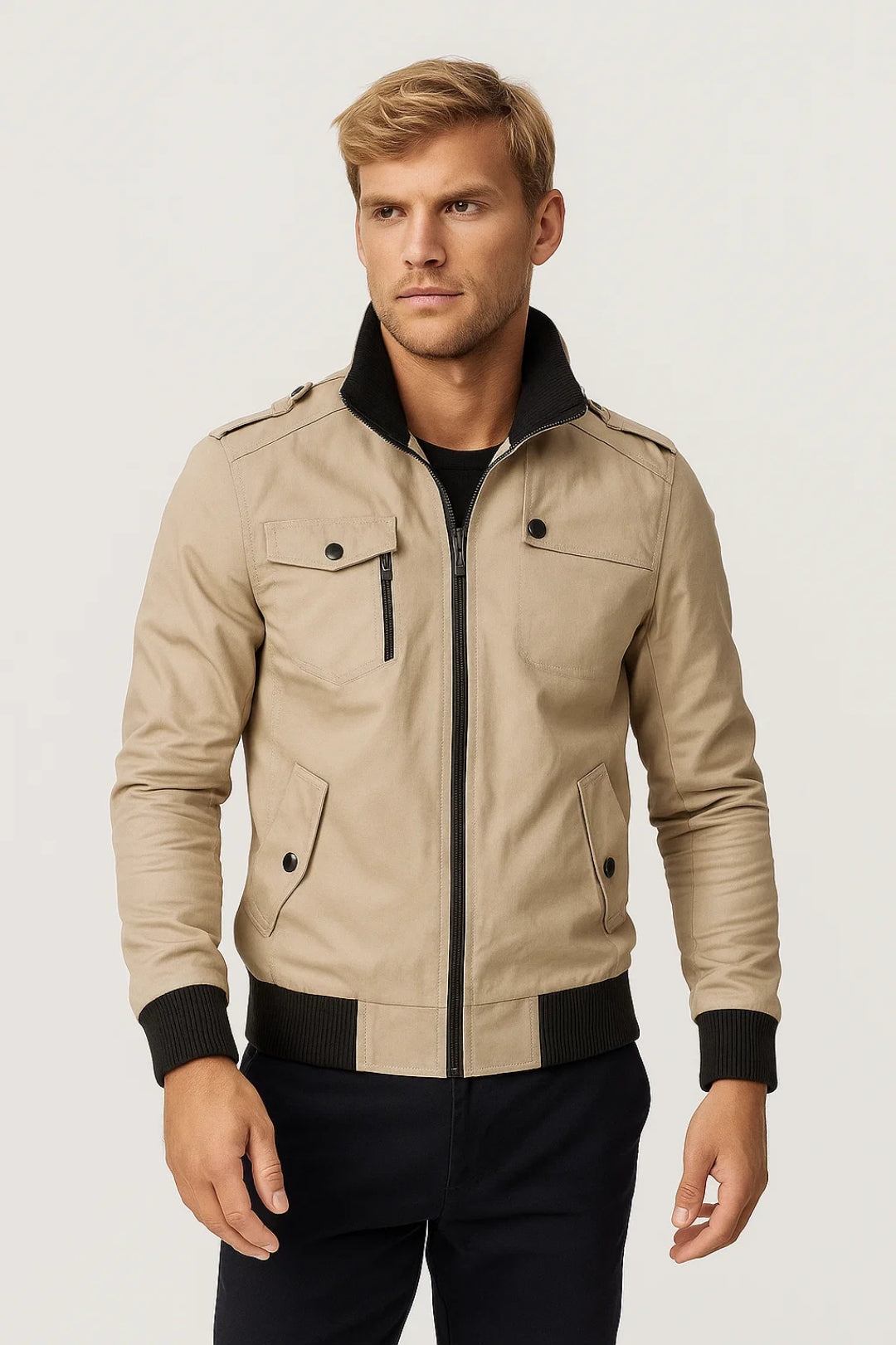 Casual Fit Bomber Jacket-jackets > bomber jacket-Laventaire-Beige-S-Laventaire