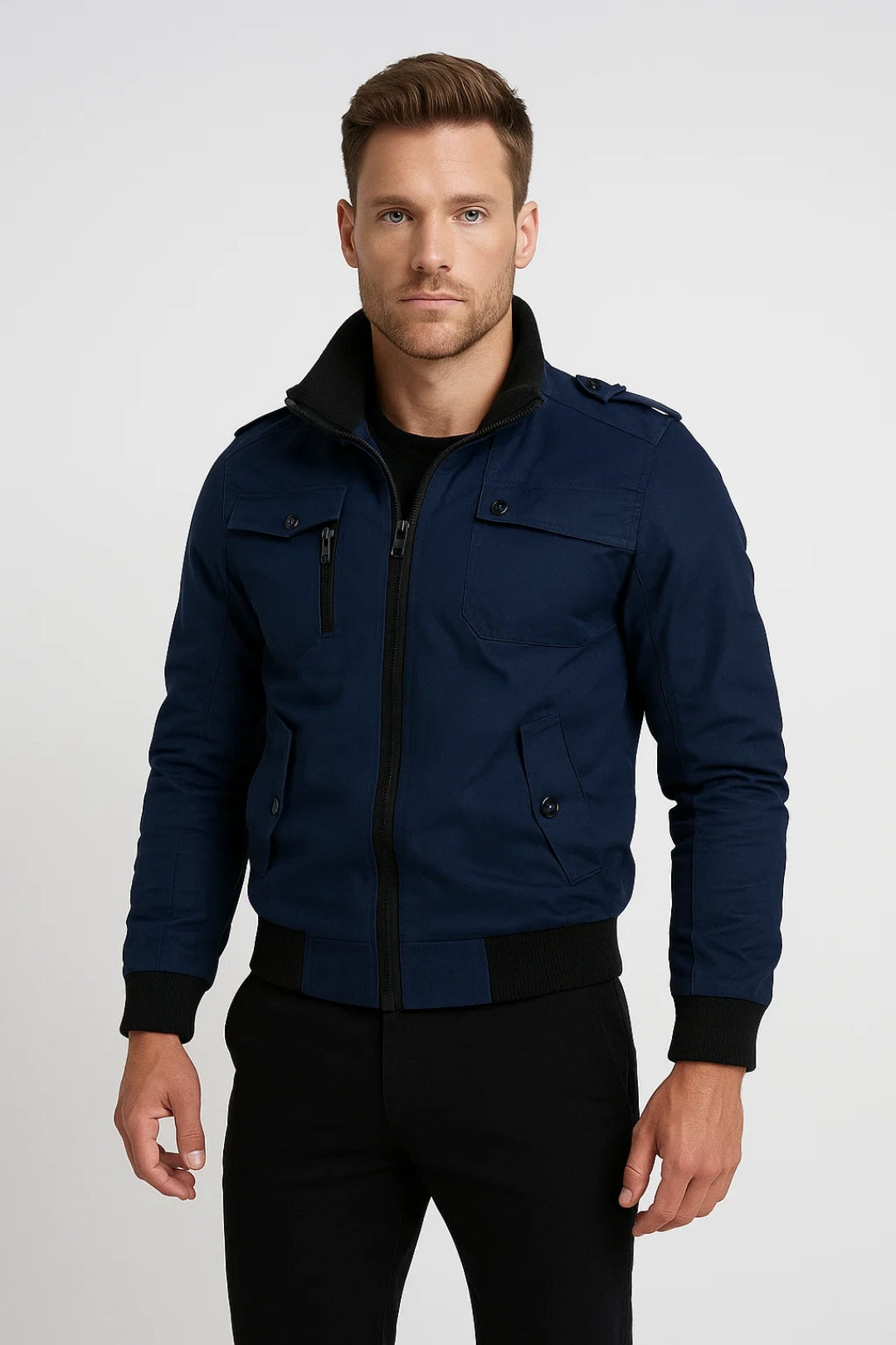 Casual Fit Bomber Jacket-jackets > bomber jacket-Laventaire-Navy Blue-S-Laventaire