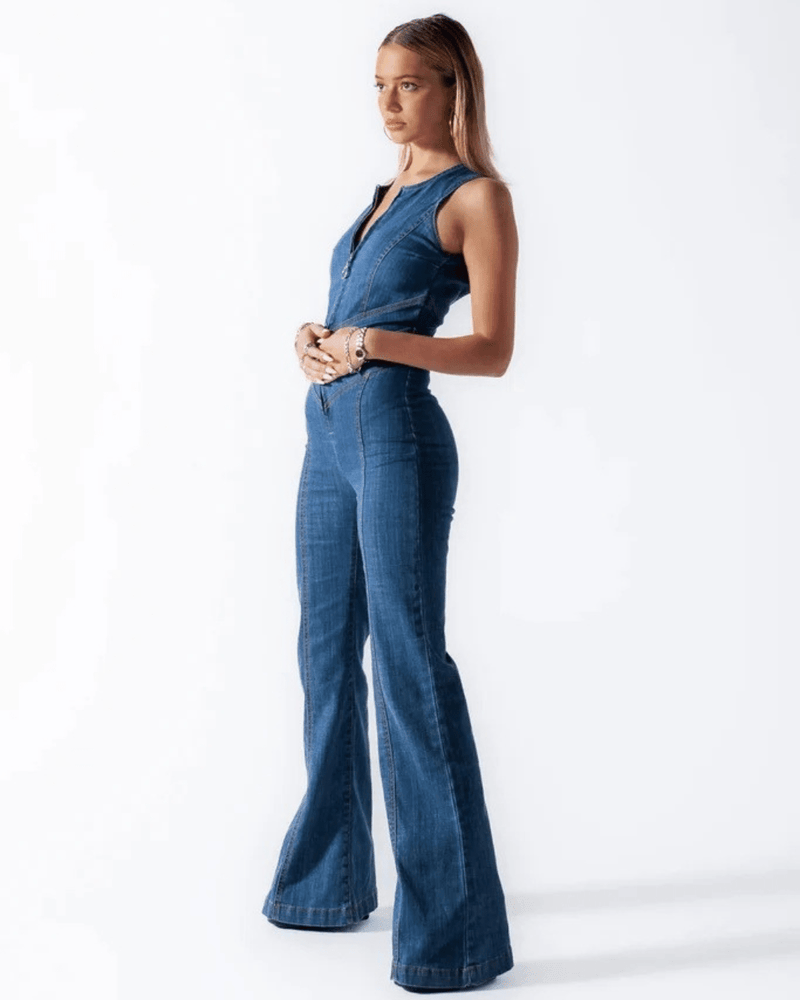 Casual Fit Denim Jumpsuit-jumpsuits > denim jumpsuit-Laventaire-Laventaire