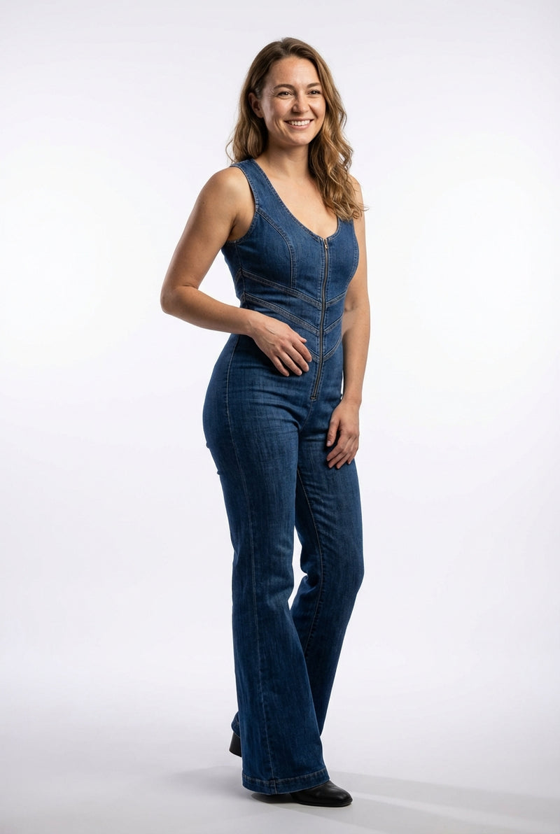 Casual Fit Denim Jumpsuit-jumpsuits > denim jumpsuit-Laventaire-Denim Blue-XS-Laventaire