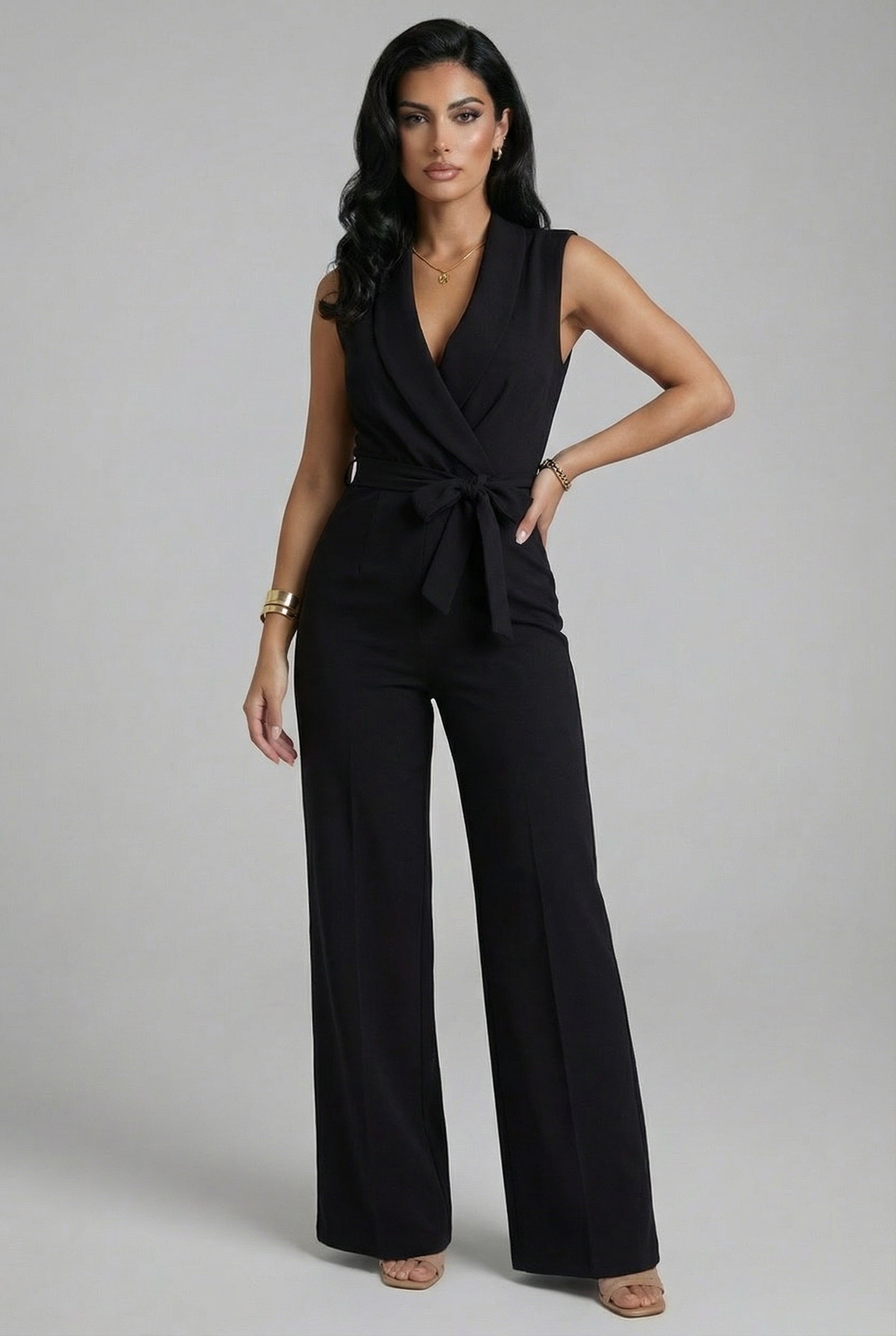 Casual Fit Wrap Jumpsuit-jumpsuits > wrap jumpsuit-Laventaire-Black-S-Laventaire