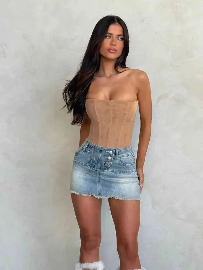 Casual Fitted Corset Top-tops > corset top-Laventaire-Camel-S-Laventaire