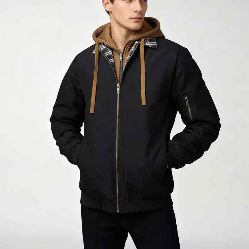 Casual Hooded Bomber Jacket-jackets > bomber jackets-Laventaire-Black-S-Laventaire