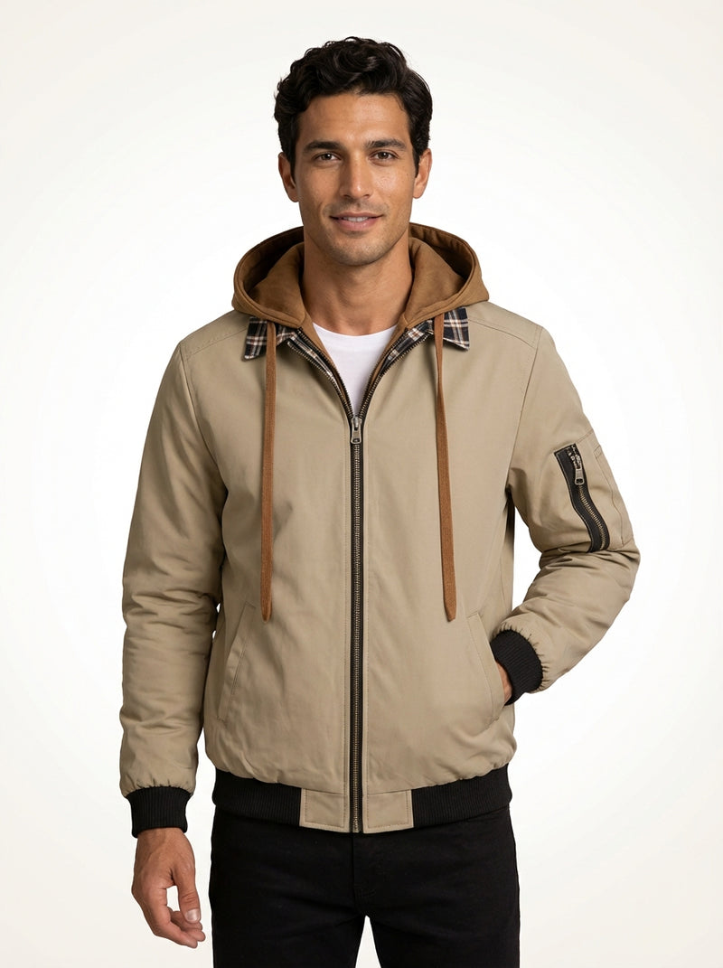 Casual Hooded Bomber Jacket-jackets > bomber jackets-Laventaire-Khaki-S-Laventaire