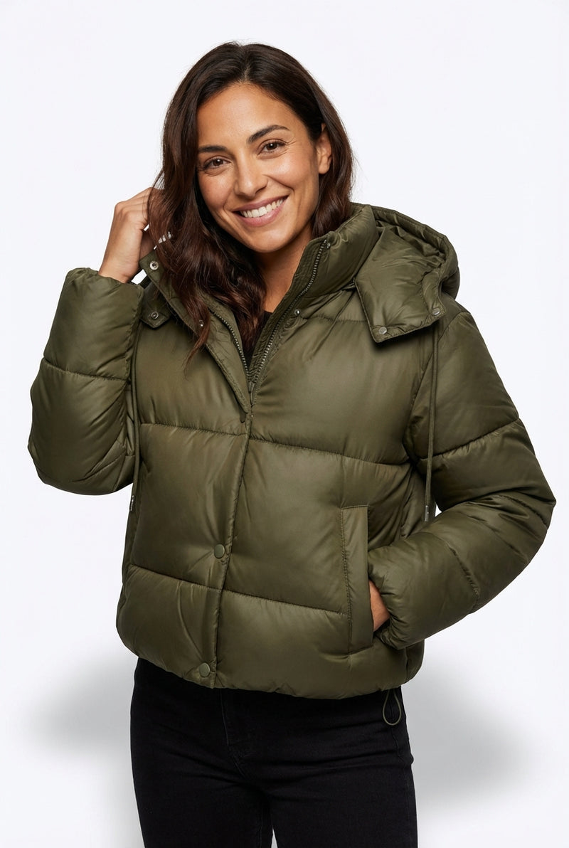 Casual Hooded Puffer Jacket-jackets > puffer jackets-Laventaire-Dark Olive Green-XS-Laventaire