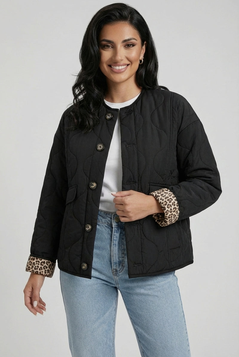 Casual Leopard Print Jacket-jackets > casual jackets-Laventaire-Black-S-Laventaire