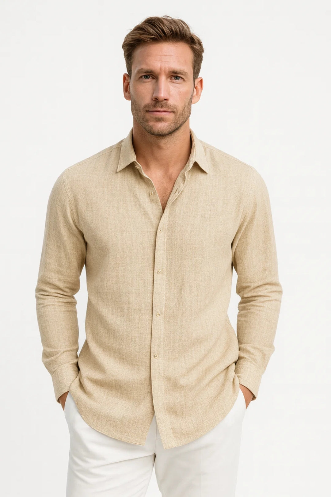 Casual Long Sleeve Shirt-shirts > casual shirts > long sleeve casual shirts-Laventaire-Beige-S-Laventaire