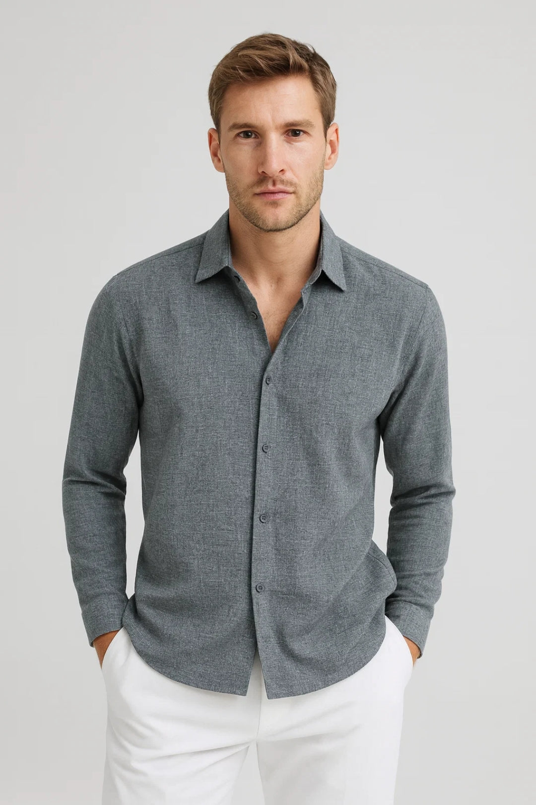 Casual Long Sleeve Shirt-shirts > casual shirts > long sleeve casual shirts-Laventaire-Gray-S-Laventaire