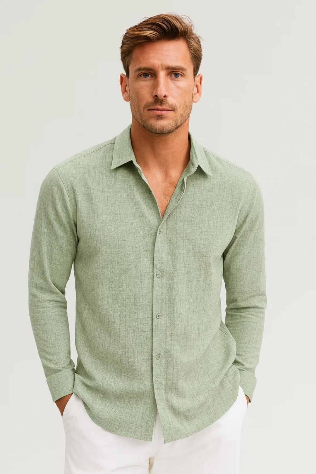 Casual Long Sleeve Shirt-shirts > casual shirts > long sleeve casual shirts-Laventaire-Light Green-S-Laventaire