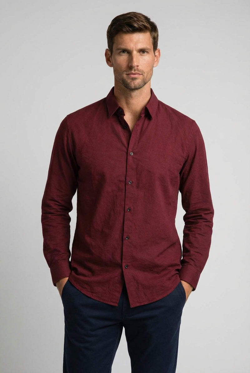 Casual Long Sleeve Shirt-shirts > long sleeve shirt > casual long sleeve shirt-Laventaire-Burgundy-S-Laventaire