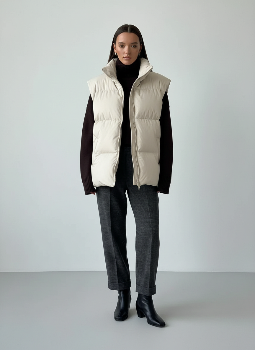 Casual Padded Sleeveless Vest-outerwear > vests > sleeveless vests-Laventaire-Cream-S-Laventaire