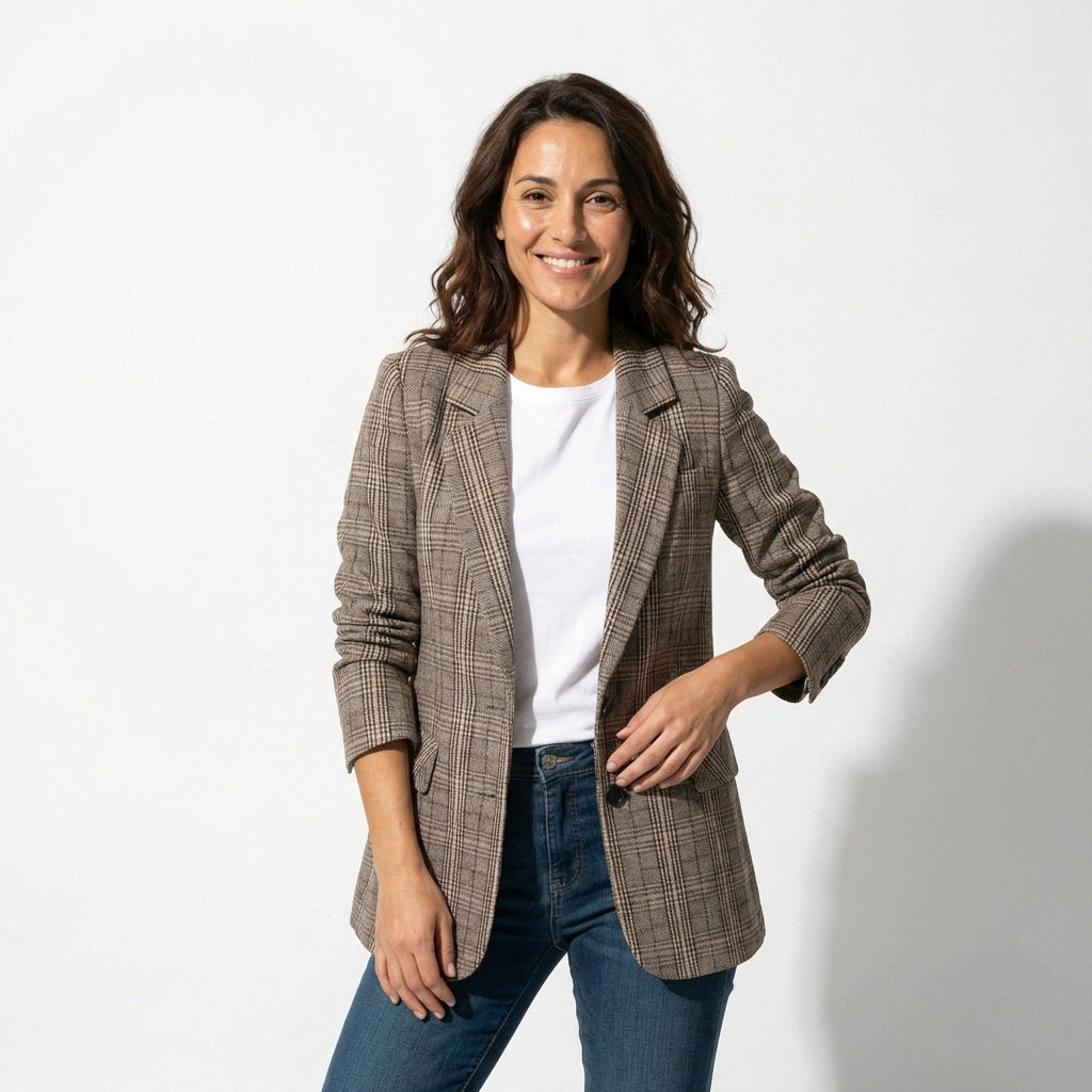 Casual Plaid Blazer Jacket-jackets > blazers-Laventaire-Taupe-M-Laventaire