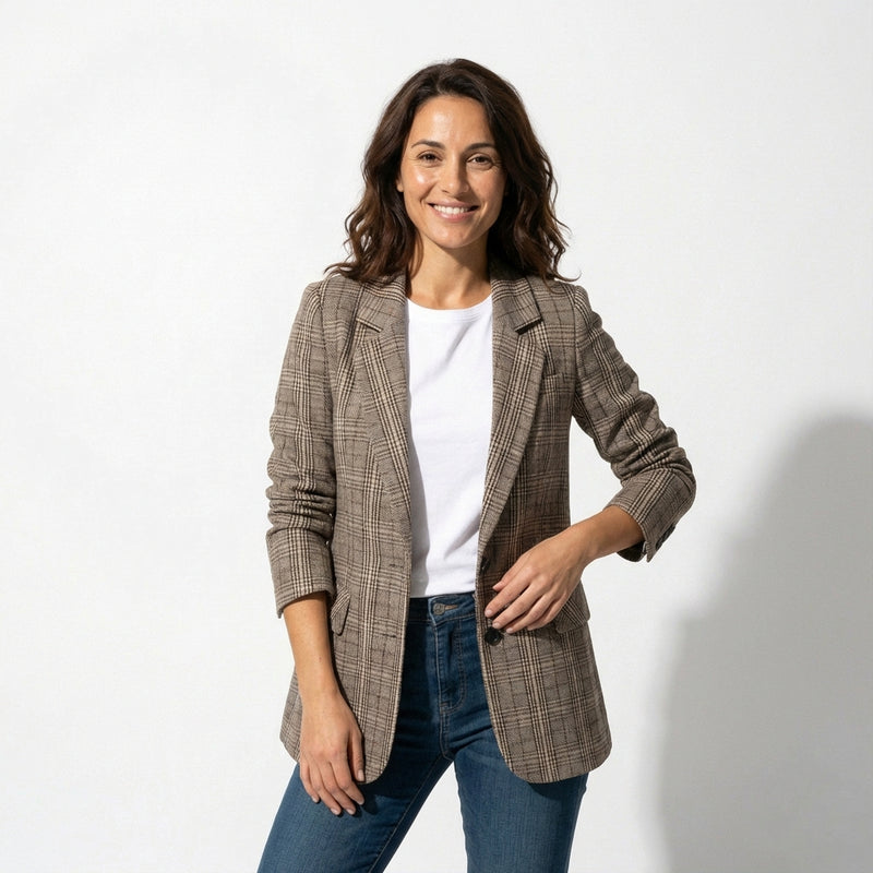 Casual Plaid Blazer Jacket-jackets > blazers-Laventaire-Taupe-M-Laventaire