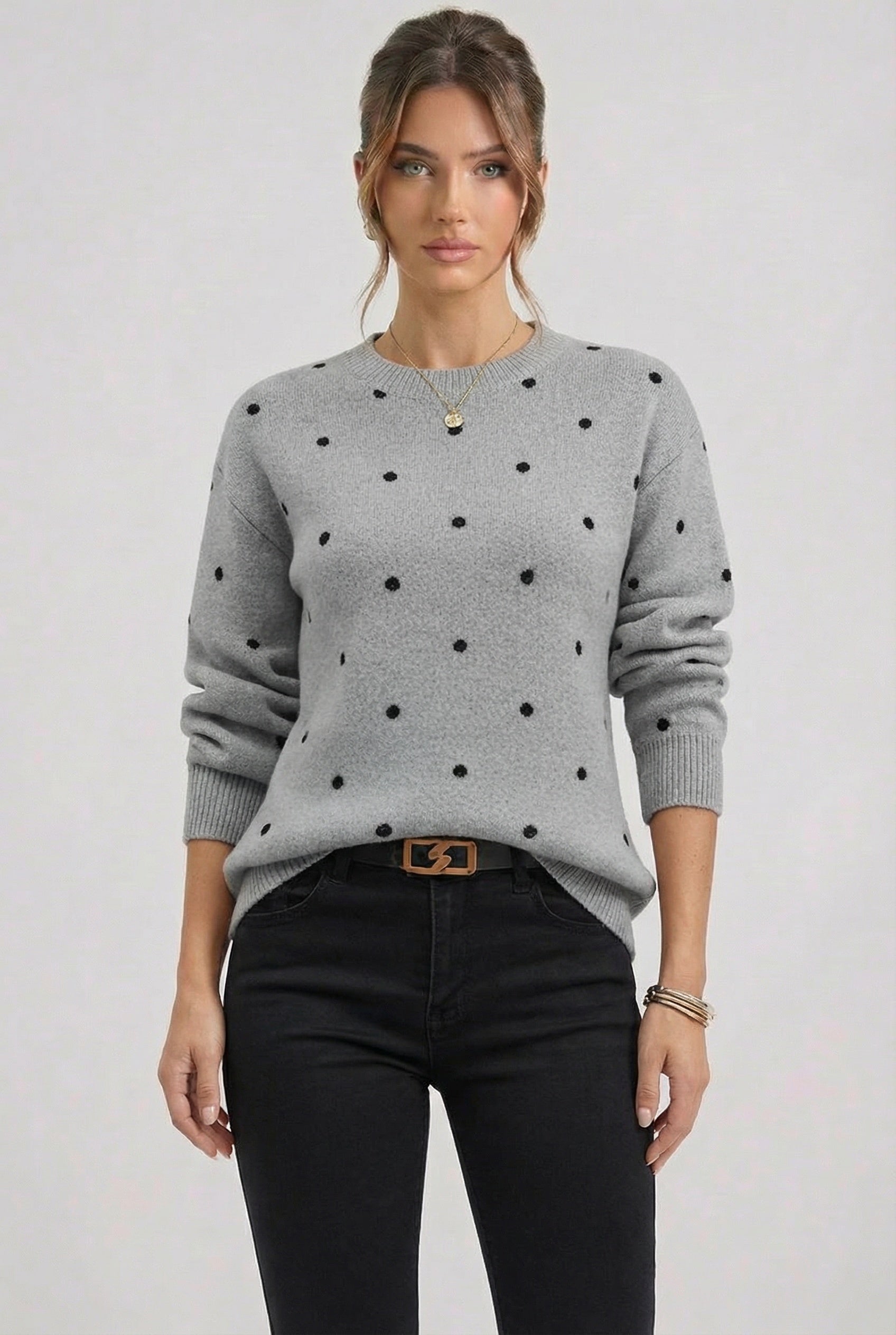 Casual Polka Dot Sweater-sweaters > relaxed fit sweater-Laventaire-Light Gray-S-Laventaire