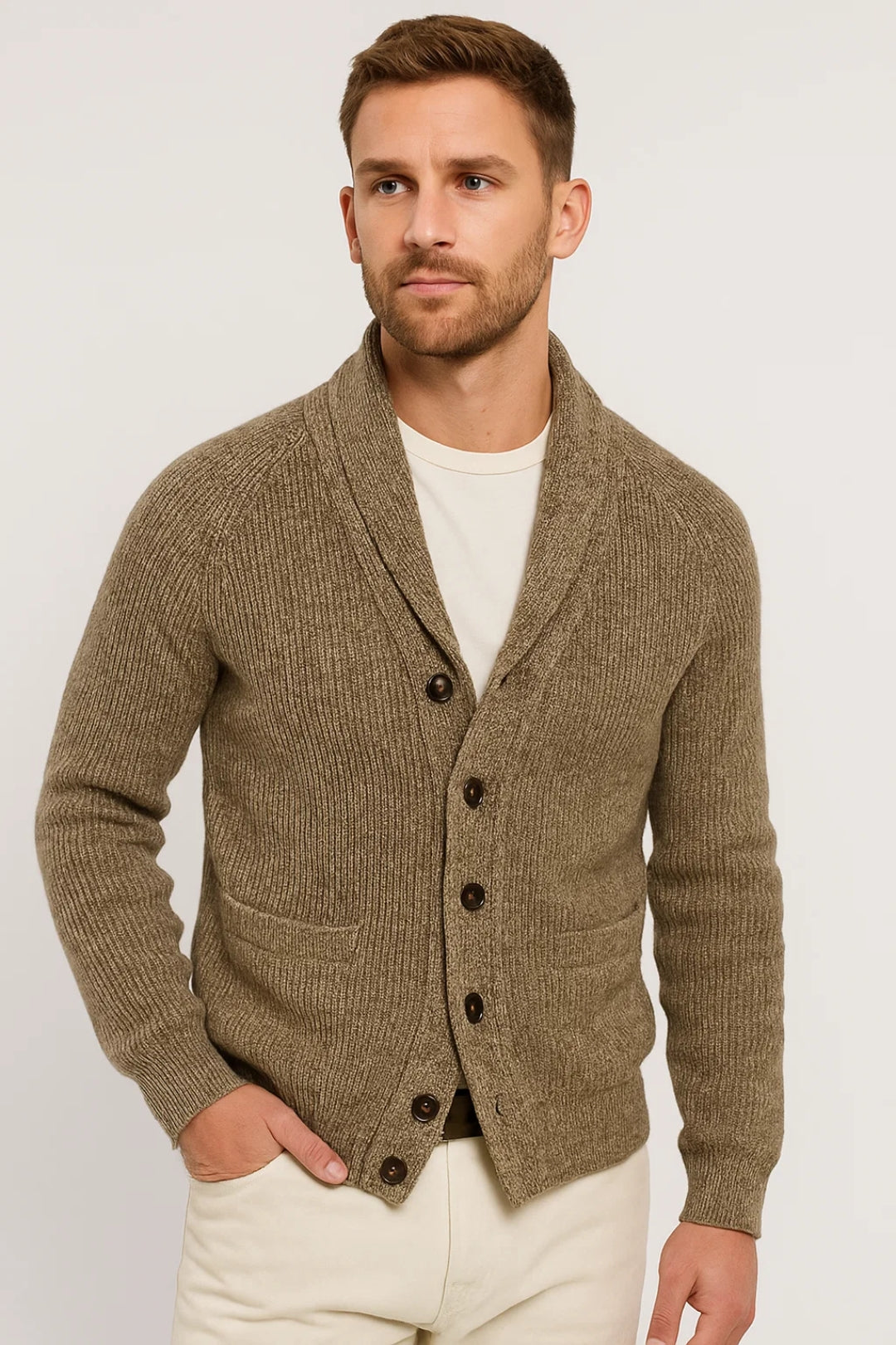 Casual Shawl Collar Cardigan-cardigans > shawl collar cardigan-Laventaire-Camel-S-Laventaire