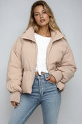 Casual Short Puffer Jacket-outerwear > jackets > puffer jackets-Laventaire-Beige-S-Laventaire