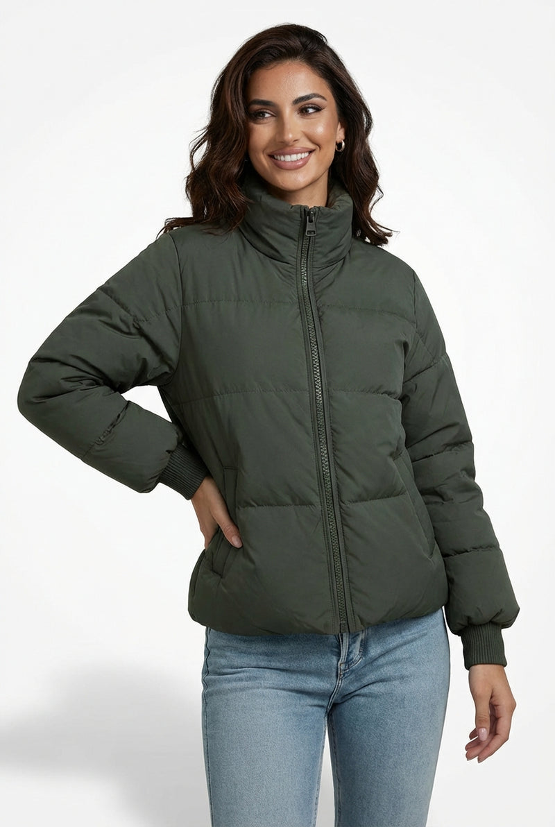 Casual Short Puffer Jacket-outerwear > jackets > puffer jackets-Laventaire-Dark Olive Green-S-Laventaire
