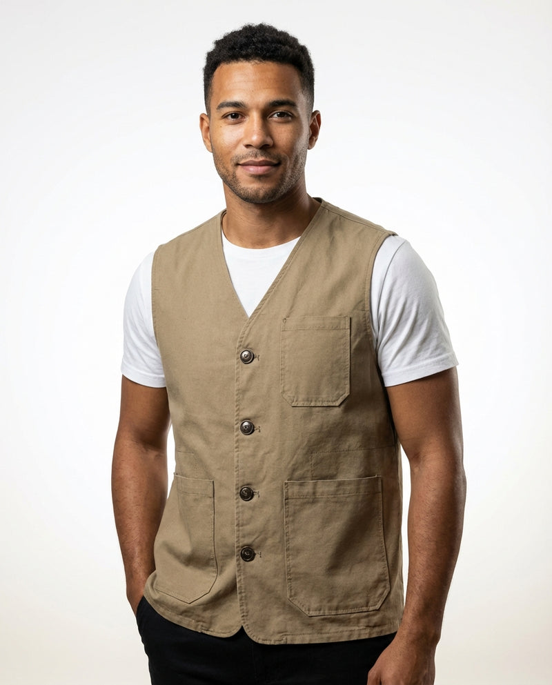 Casual Straight Fit Vest-outerwear > vests-Laventaire-Khaki-M-Laventaire